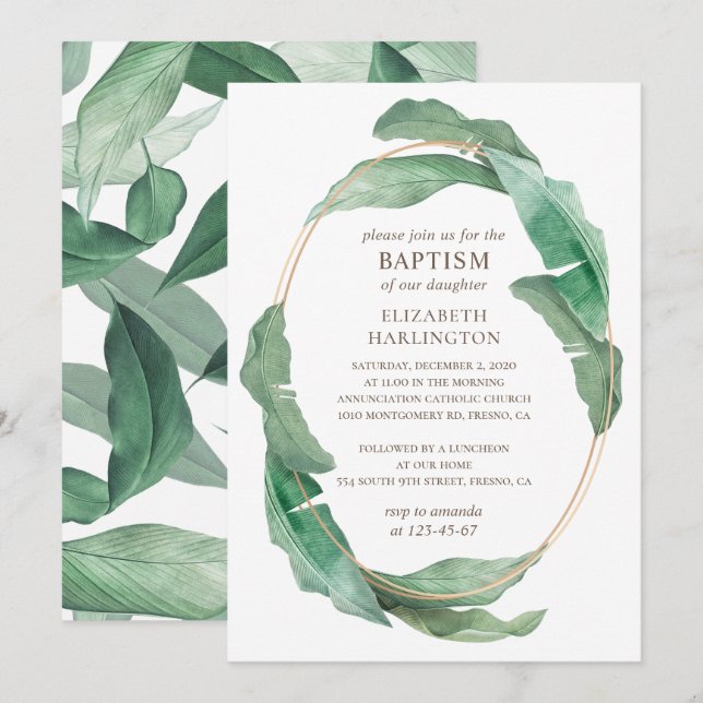 Tropical green leaves. Greenery botanical baptism Invitation (Front/Back)