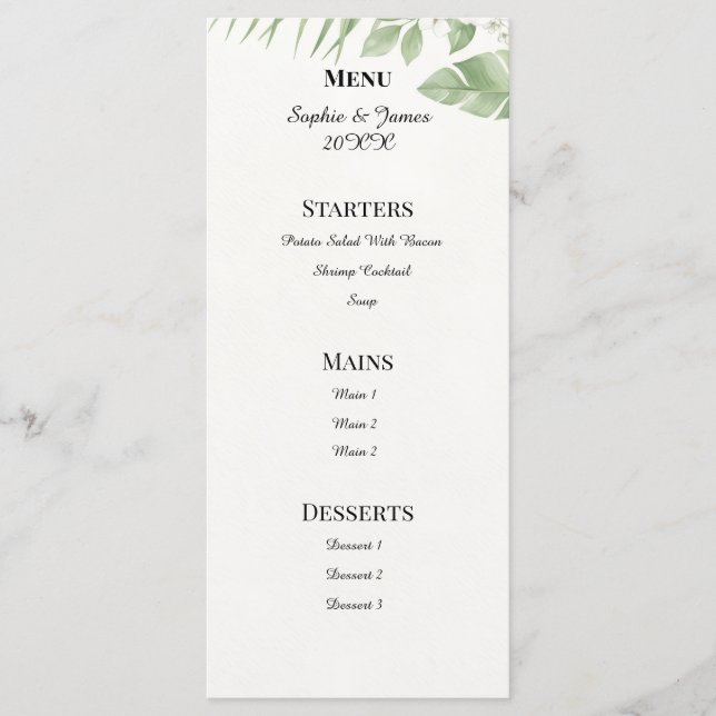 Tropical Green Leaves Marble Wedding Menu Card (Front)