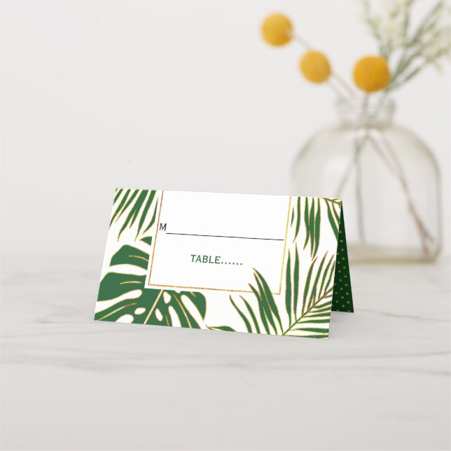 Tropical green leaves modern wedding folded escort place card (Front)