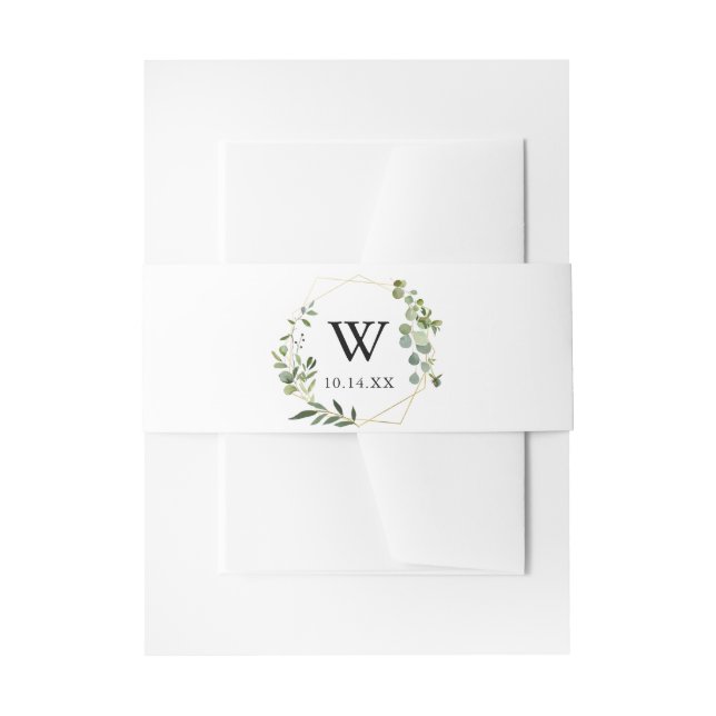 Tropical Green Leaves Monogram Wedding Invitation Invitation Belly Band (Front Example)
