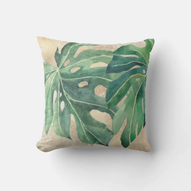 Tropical Green Leaves Monstera Gold Sand  Cushion (Front)