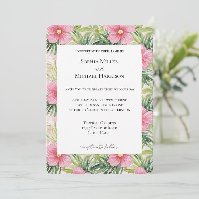 Tropical Green Leaves Pink Floral Wedding Invitation (Standing Front)