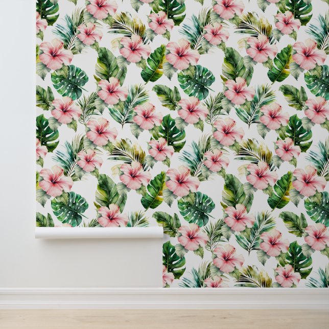 Tropical Green Leaves Pink Hibiscus Flowers Wallpaper (Application)