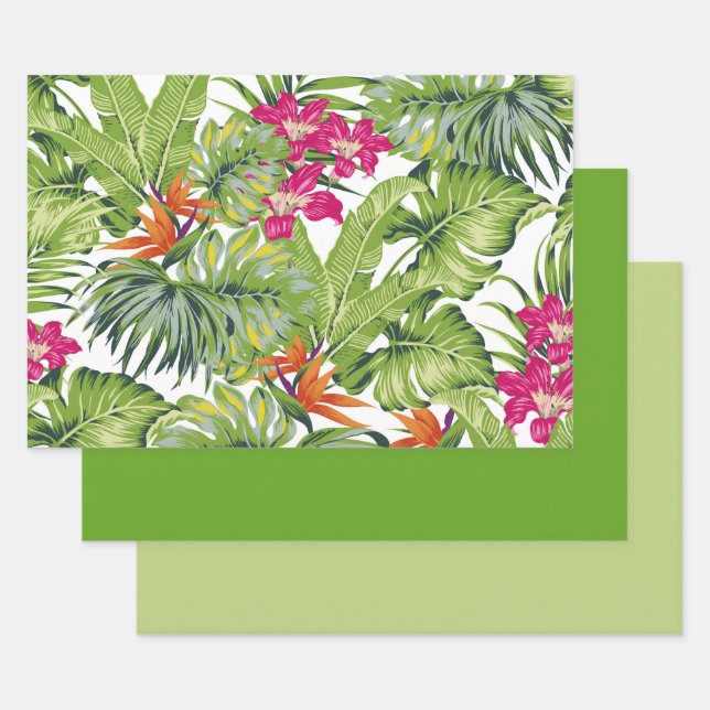 Tropical Green Leaves Pink Orange Flowers Wrapping Paper Sheet (Set)