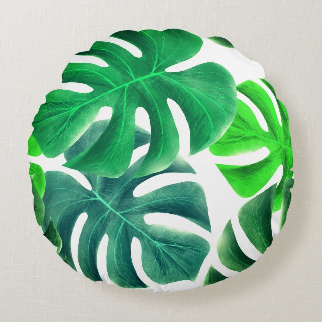Tropical Green Leaves Print Round Pillow (Front)