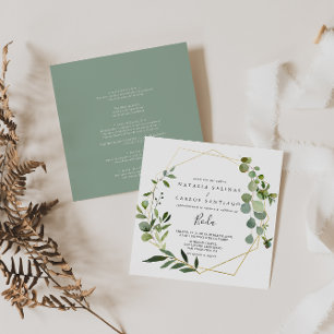Tropical Green Leaves Spanish Front & Back Wedding Invitation