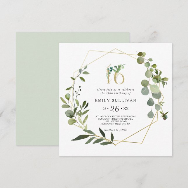 Tropical Green Leaves Sweet Sixteen Birthday Party Invitation (Front/Back)