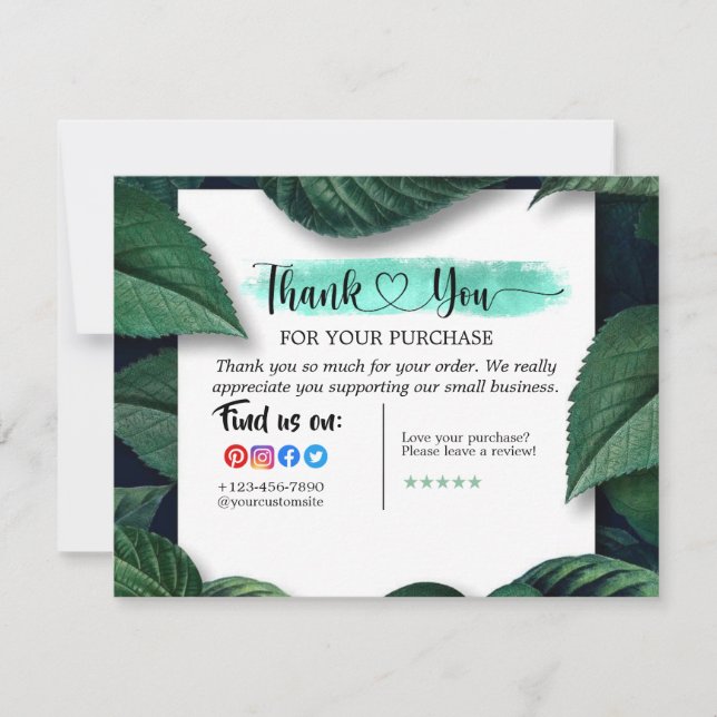 Tropical Green Leaves Thank You For Your Purchase Card (Front)