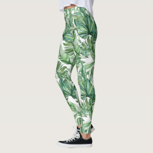 Tropical Green Leaves Watercolor Leggings