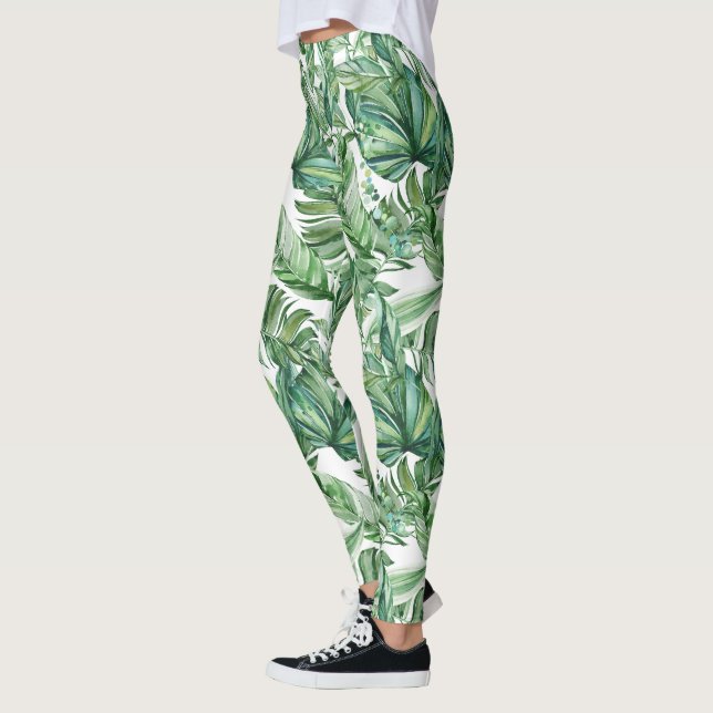 Tropical Green Leaves Watercolor Leggings (Left)