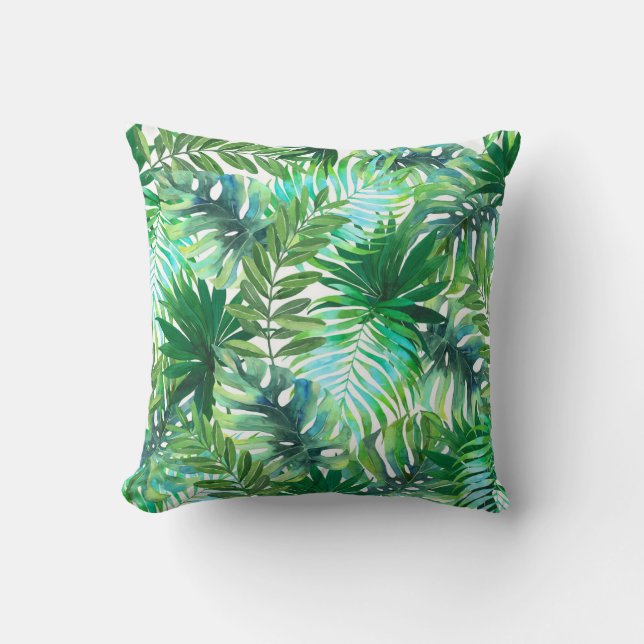 Tropical Green Leaves, Watercolor Seamless. Cushion (Front)