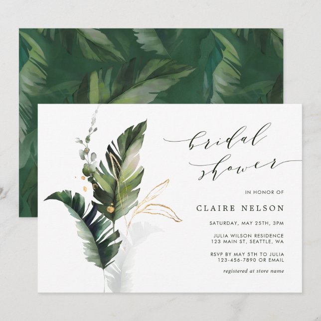 Tropical Green Leaves Wedding Bridal Shower Invitation (Front/Back)