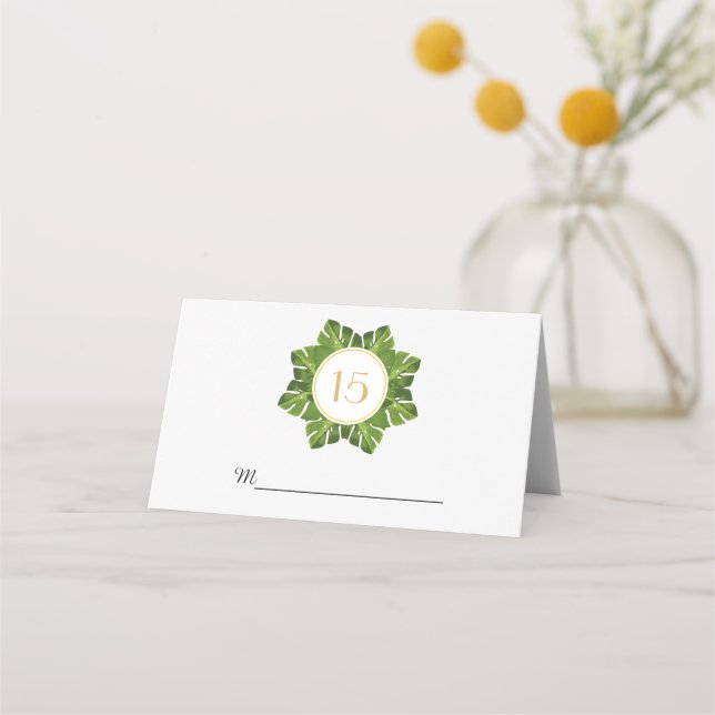 Tropical green leaves wedding folded escort place card (Front)