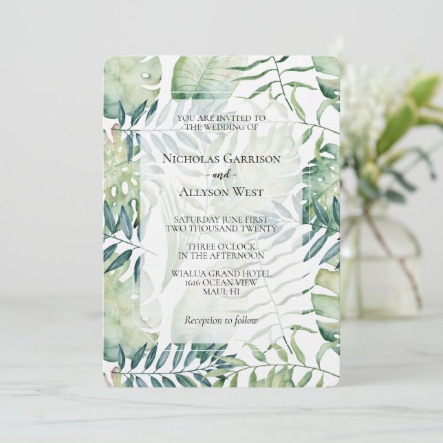 Tropical Green Leaves Wedding Invitation (Standing Front)