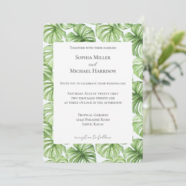 Tropical Green Leaves Wedding Invitation (Standing Front)
