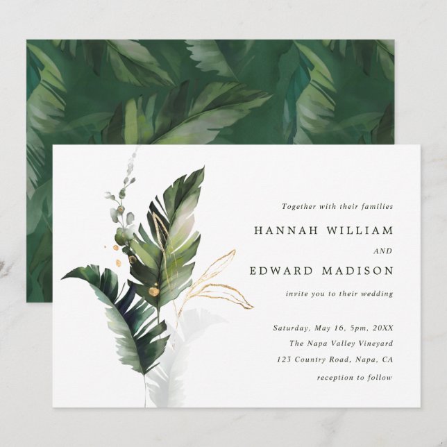 Tropical Green Leaves Wedding Invitation (Front/Back)
