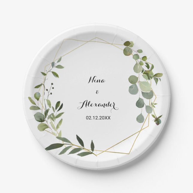 Tropical Green Leaves Wedding Paper Plate (Front)