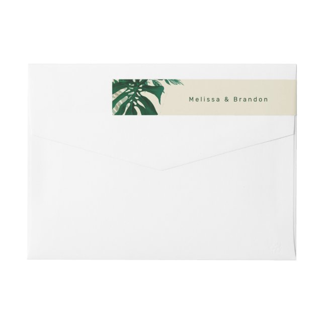 Tropical Green Leaves Wedding Return Address Wrap Around Label (Back)