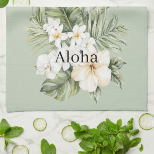 Tropical Green Leaves White Hibiscus Orchids Tea Towel