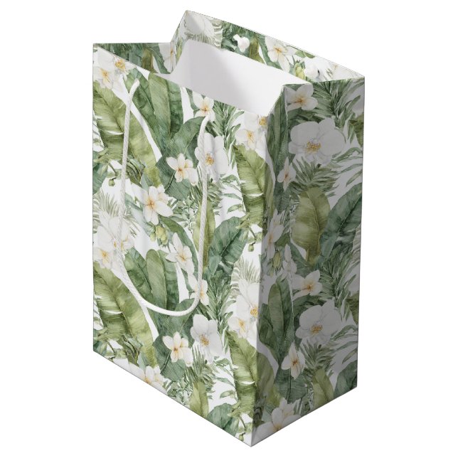 Tropical Green Leaves White Orchids Wedding Medium Gift Bag (Front Angled)