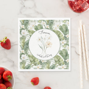 Tropical Green Leaves White Orchids Wedding Napkin