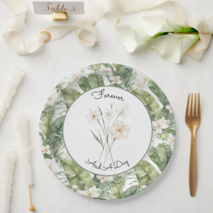 Tropical Green Leaves White Orchids Wedding Paper Plate