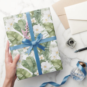 Tropical Green Leaves White Orchids Wedding Wrapping Paper