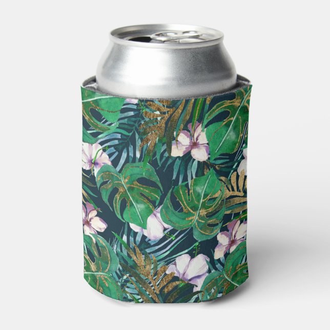 Tropical Green Lilac Gold Monster Leaves Floral Can Cooler (Can Front)