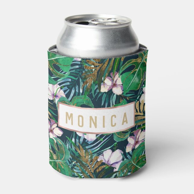Tropical Green Lilac Gold Monster Leaves Floral Can Cooler (Can Front)