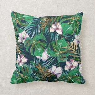 Tropical Green Lilac Gold Monster Leaves Floral Cushion