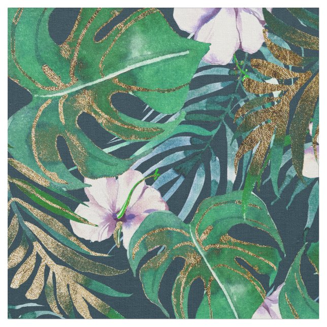 Tropical Green Lilac Gold Monster Leaves Floral Fabric (Close Up)