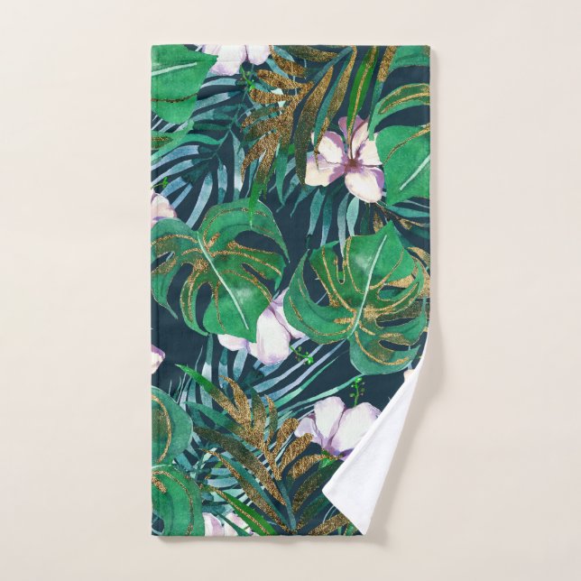 Tropical Green Lilac Gold Monster Leaves Floral Hand Towel (Hand Towel)
