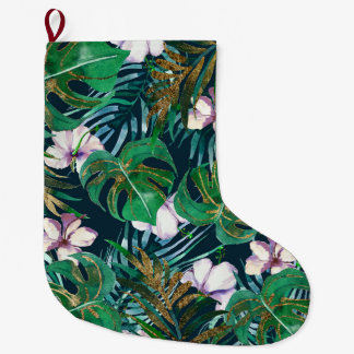 Tropical Green Lilac Gold Monster Leaves Floral Large Christmas Stocking