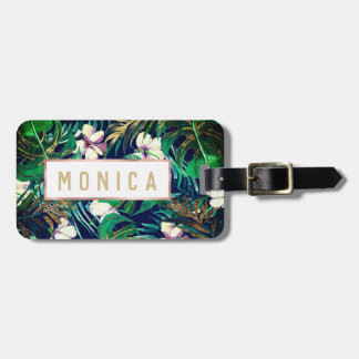 Tropical Green Lilac Gold Monster Leaves Floral Luggage Tag