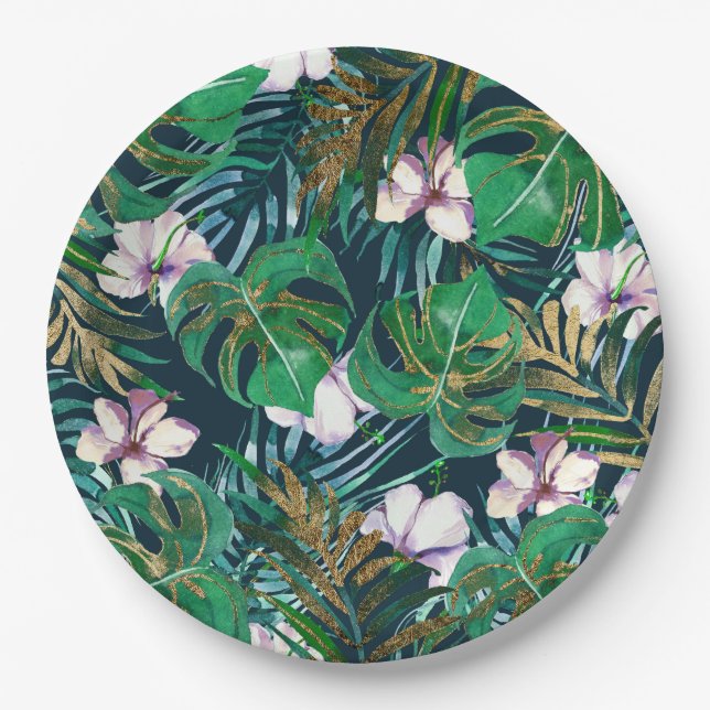 Tropical Green Lilac Gold Monster Leaves Floral Paper Plate (Front)