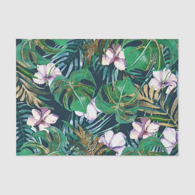Tropical Green Lilac Gold Monster Leaves Floral Tissue Paper (Front)