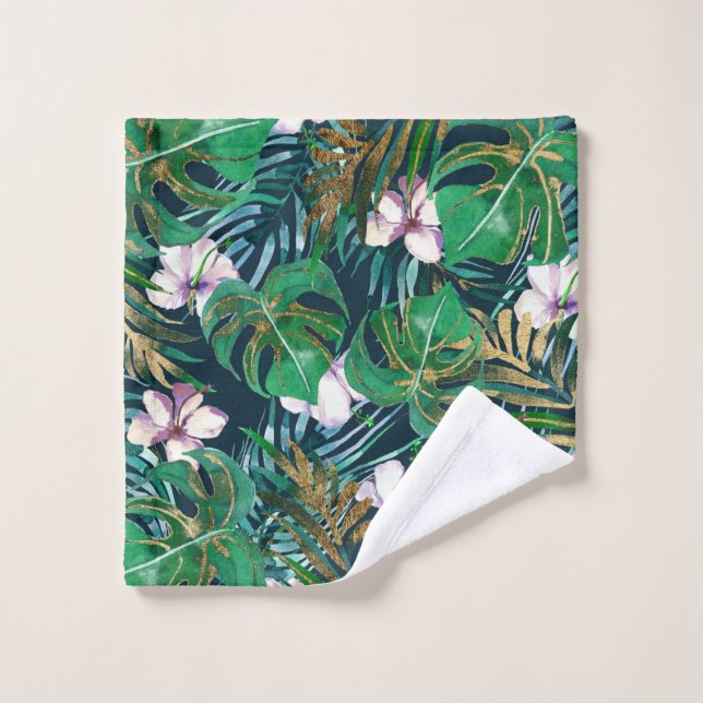 Tropical Green Lilac Gold Monster Leaves Floral Wash Cloth (Wash Cloth)