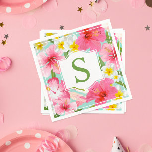 Tropical Green Monogram Hibiscus Flowers Napkin