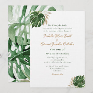 Tropical Green Monstera Leaves Watercolor Art Invitation
