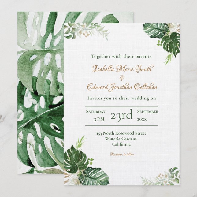 Tropical Green Monstera Leaves Watercolor Wedding Invitation (Front/Back)