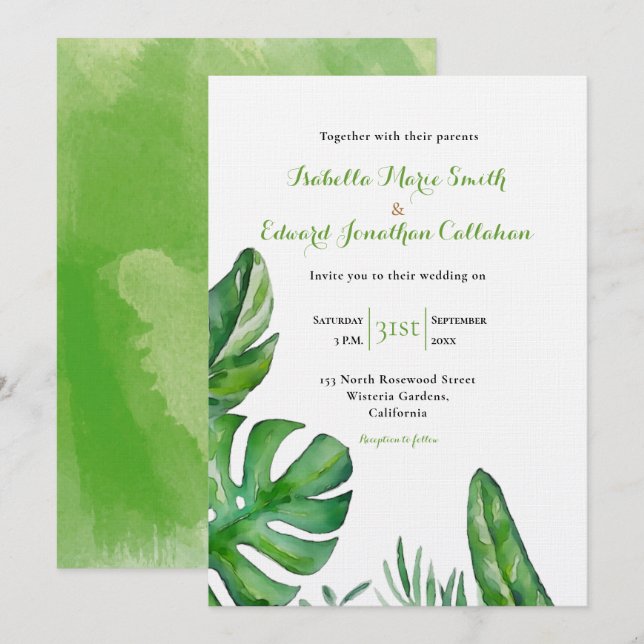 Tropical Green Monstera Leaves Watercolor Wedding  Invitation (Front/Back)