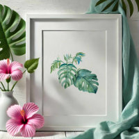 Tropical Green Monstera Palm Leaf Watercolor