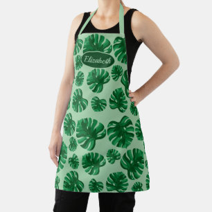 Tropical Green Monstera Palm Leaves & Custom Name Apron