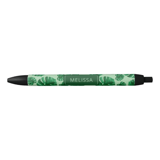 Tropical Green Monstera Palm Leaves & Custom Name Black Ink Pen (Front)
