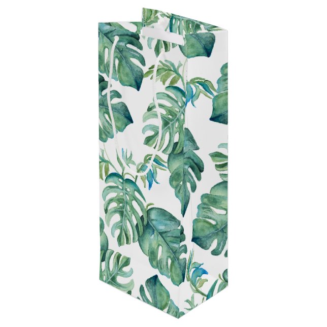 Tropical Green Monstera Palm Leaves Watercolor Wine Gift Bag (Back Angled)