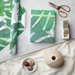 Tropical Green Monstera Palm Leaves Wrapping Paper