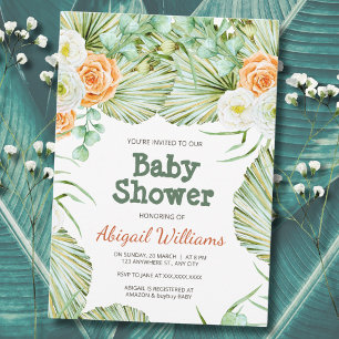 Tropical Green & Orange Floral Baby Shower Invitation