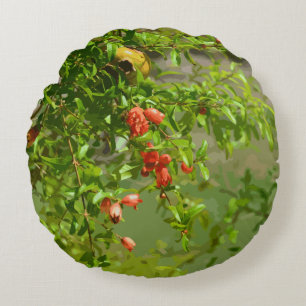 Tropical Green Orange Floral Pomegranate Design Round Cushion