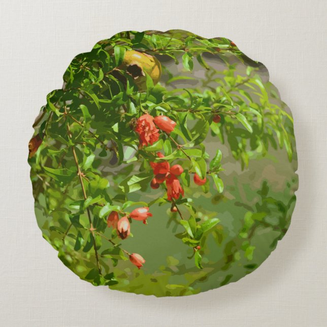 Tropical Green Orange Floral Pomegranate Design Round Cushion (Front)