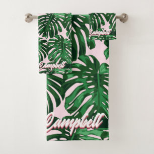 Tropical Green Pale Pink Monstera Leaves Name Bath Towel Set